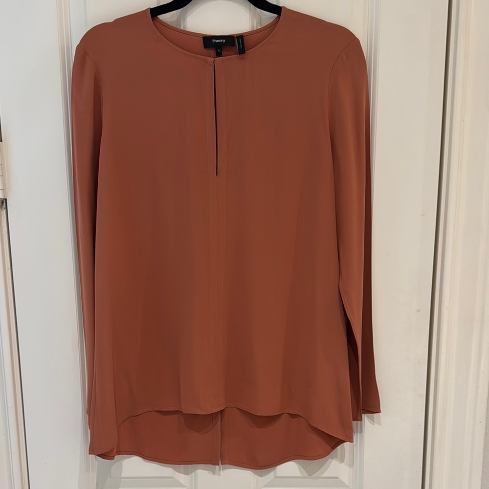 Theory Orange Brown Asymmetrical Blouse with Mandarin Collar